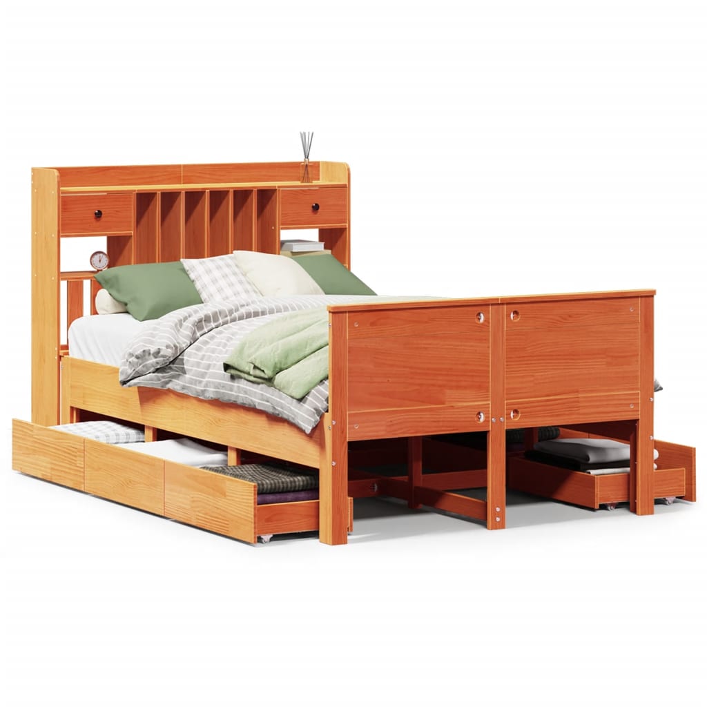 Seng med bokhylle uten madrass voksbrun 135x190 cm heltre furu