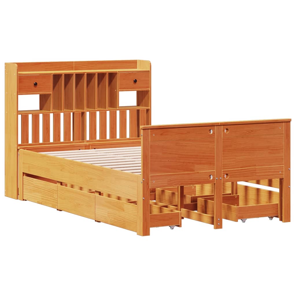 Seng med bokhylle uten madrass voksbrun 135x190 cm heltre furu
