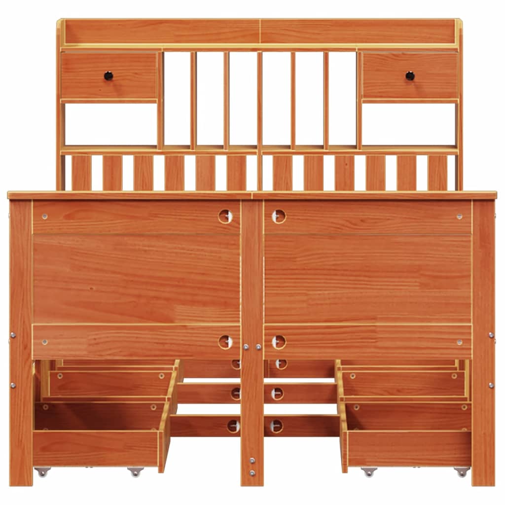 Seng med bokhylle uten madrass voksbrun 135x190 cm heltre furu