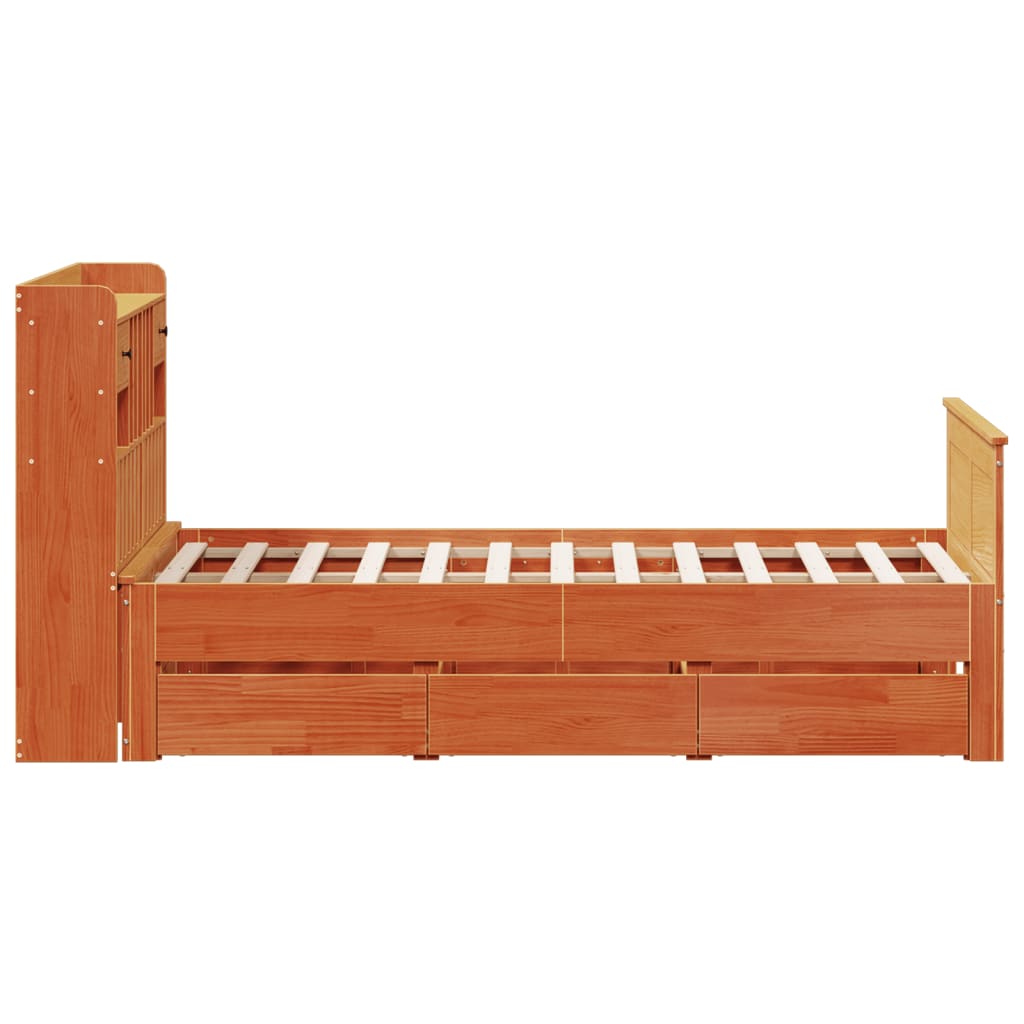 Seng med bokhylle uten madrass voksbrun 135x190 cm heltre furu