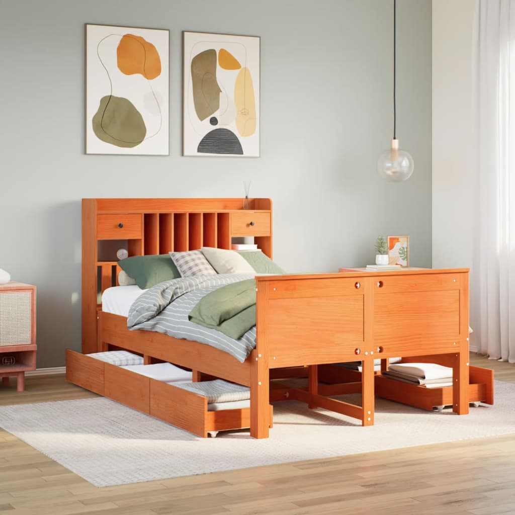 Seng med bokhylle uten madrass voksbrun 135x190 cm heltre furu