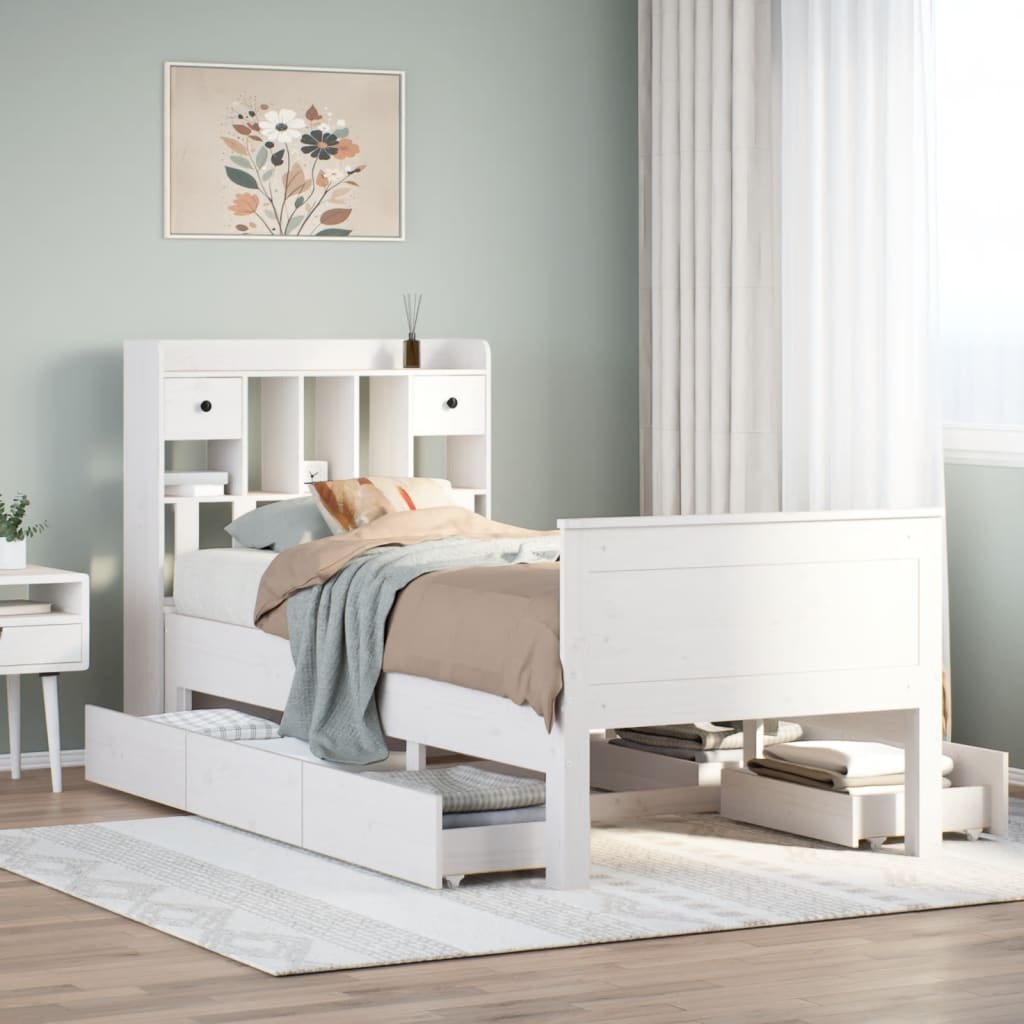 Seng med bokhylle uten madrass hvit 90x190 cm heltre furu