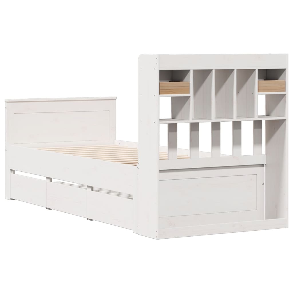 Seng med bokhylle uten madrass hvit 75x190 cm heltre furu