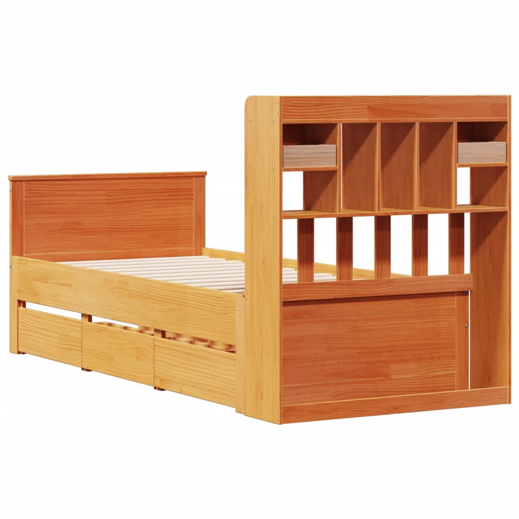 Seng med bokhylle uten madrass voksbrun 75x190 cm heltre furu