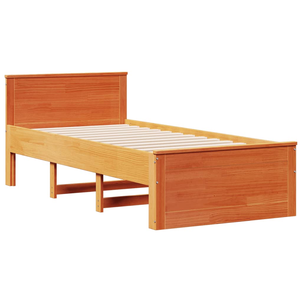 Seng med bokhylle uten madrass voksbrun 75x190 cm heltre furu