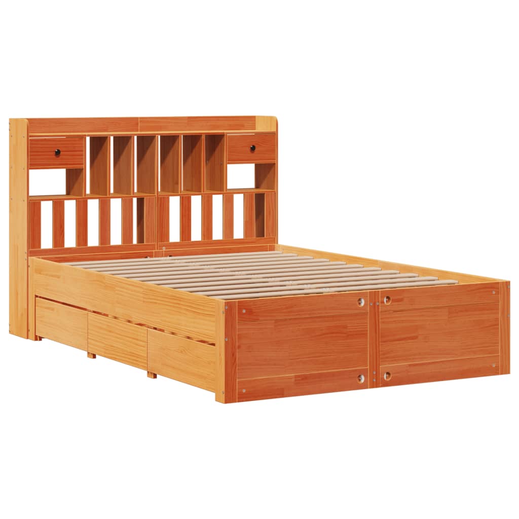 Seng med bokhylle uten madrass voksbrun 140x200 cm heltre furu