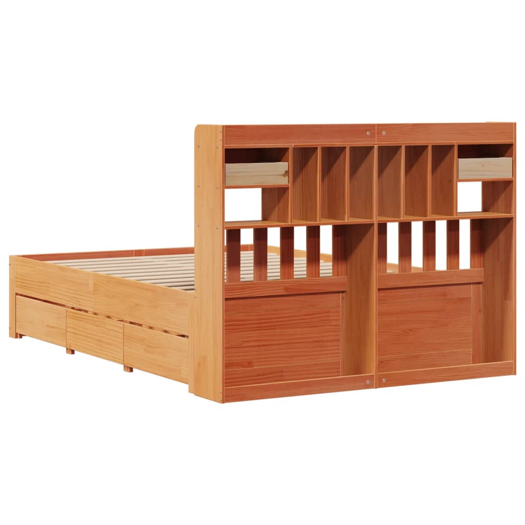Seng med bokhylle uten madrass voksbrun 140x200 cm heltre furu