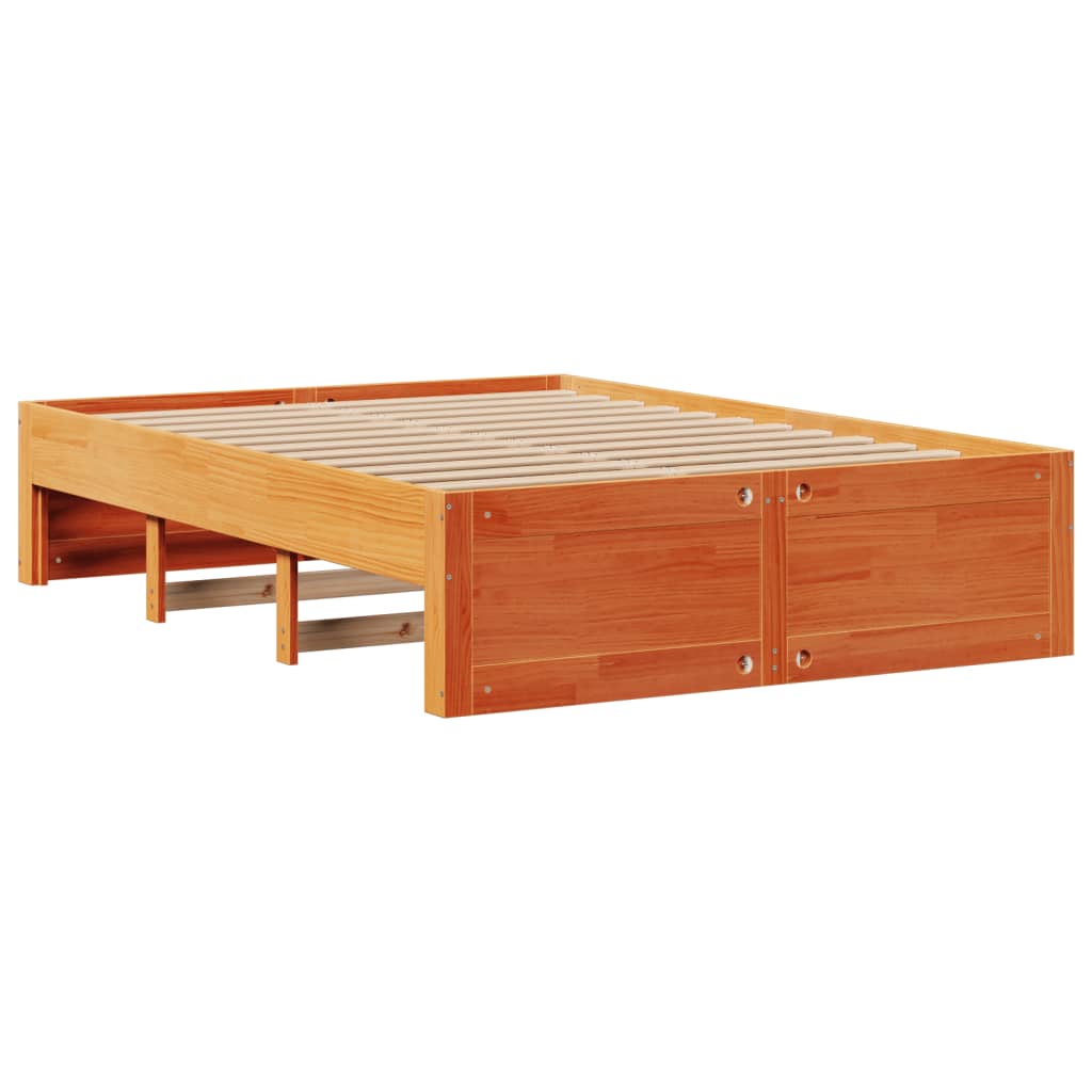 Seng med bokhylle uten madrass voksbrun 140x190 cm heltre furu