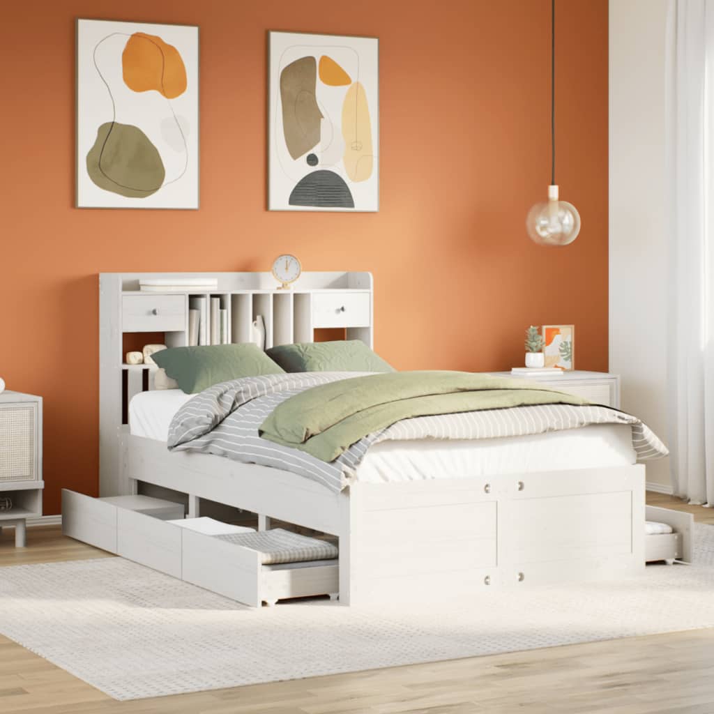 Seng med bokhylle uten madrass hvit 135x190 cm heltre furu