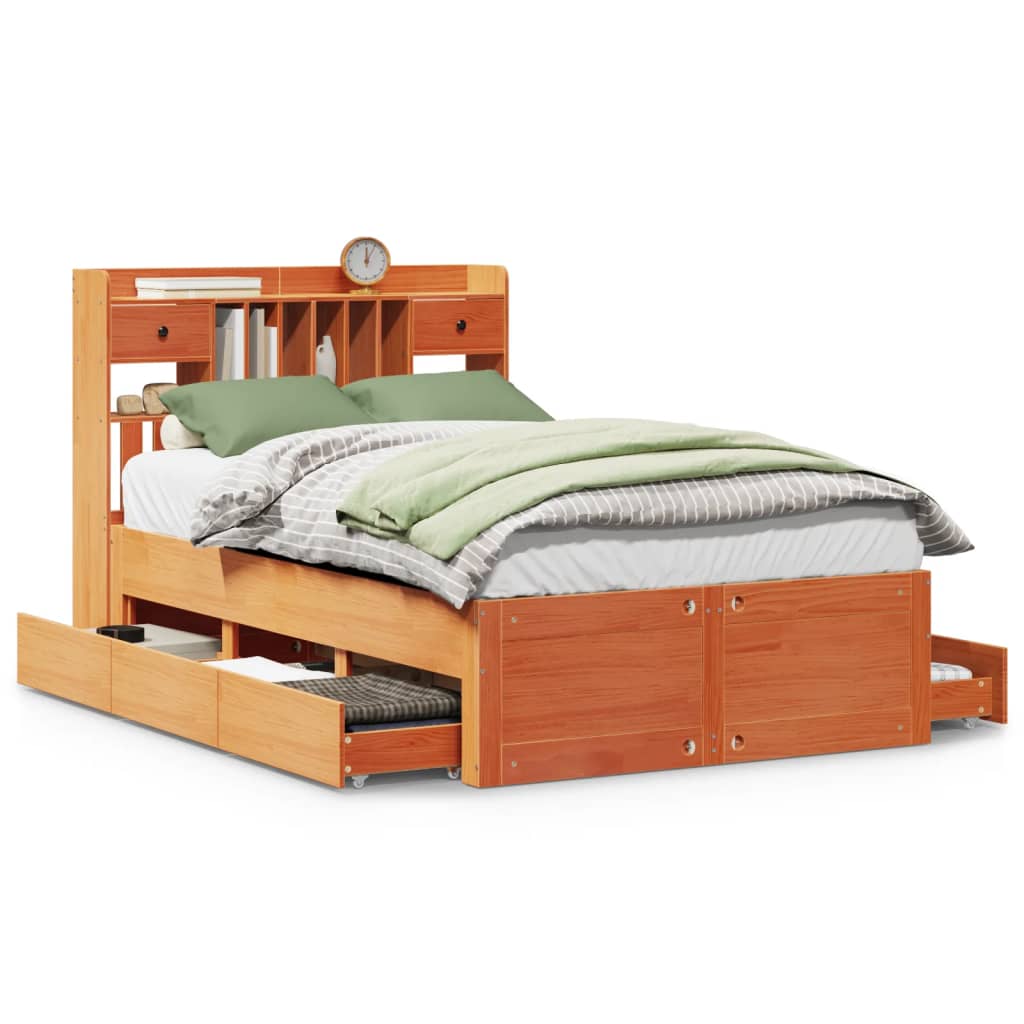 Seng med bokhylle uten madrass voksbrun 135x190 cm heltre furu