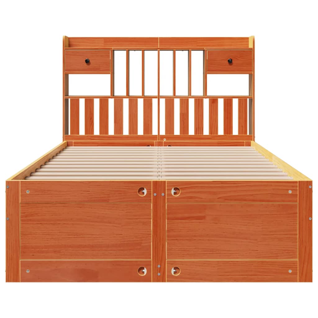 Seng med bokhylle uten madrass voksbrun 135x190 cm heltre furu