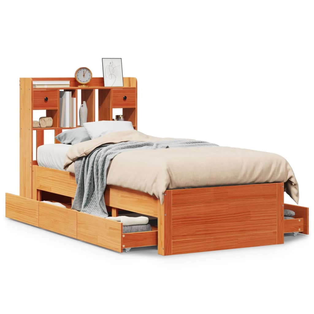 Seng med bokhylle uten madrass voksbrun 75x190 cm heltre furu