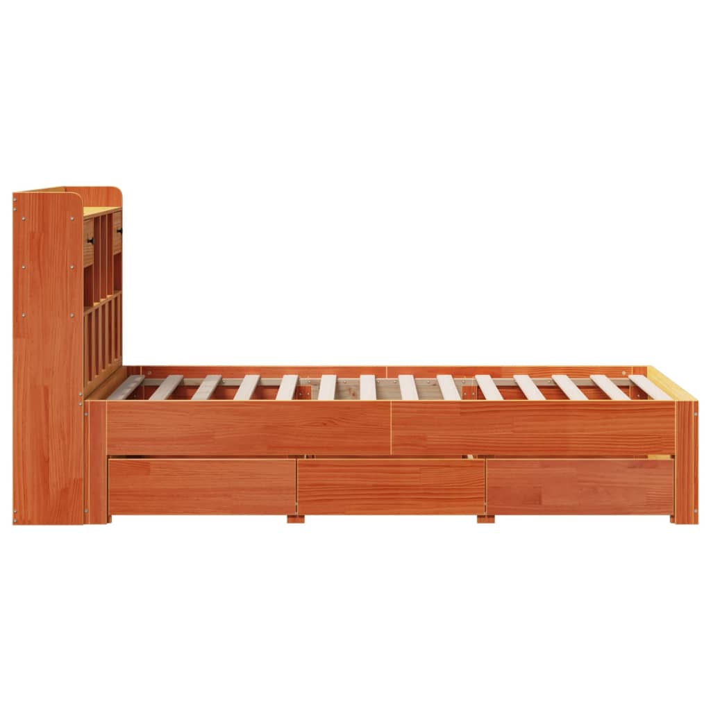 Seng med bokhylle uten madrass voksbrun 75x190 cm heltre furu