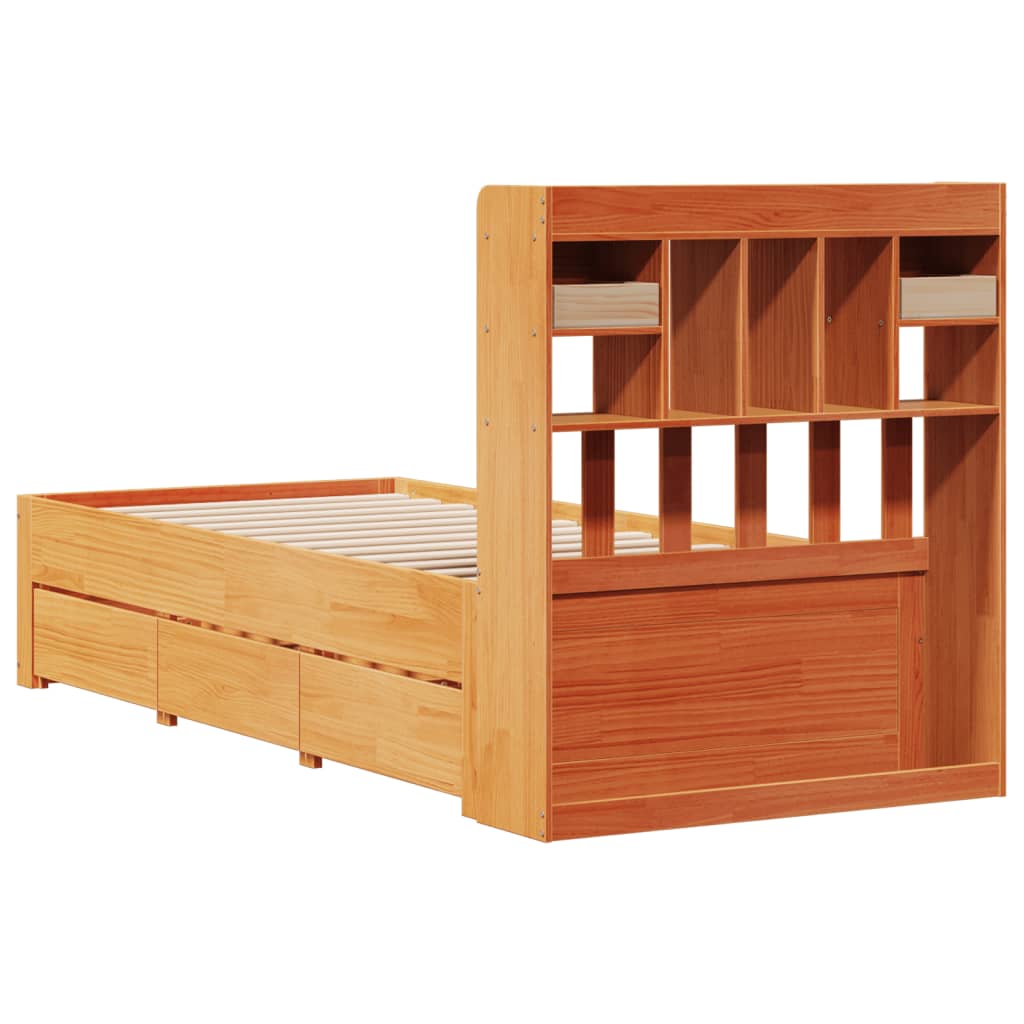Seng med bokhylle uten madrass voksbrun 75x190 cm heltre furu