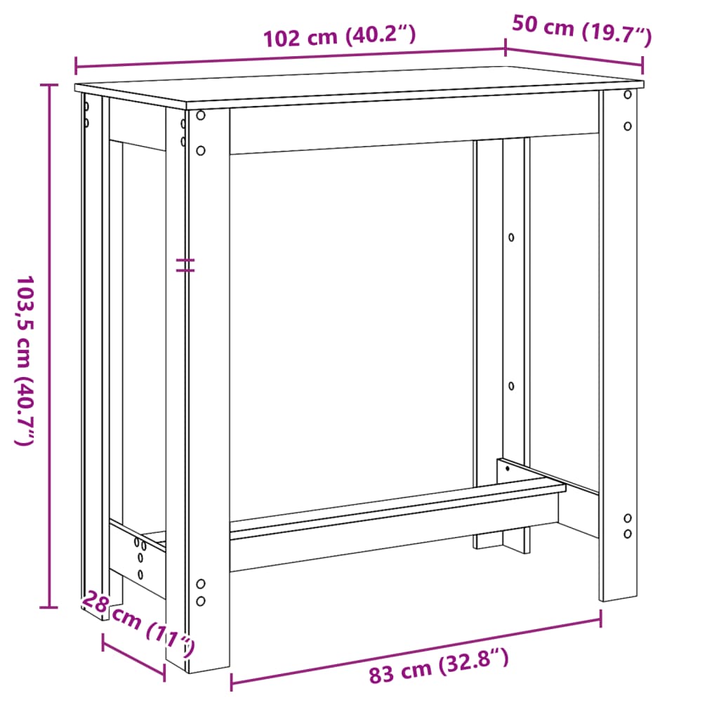Barbord gammelt tre 102x50x103,5 cm konstruert tre