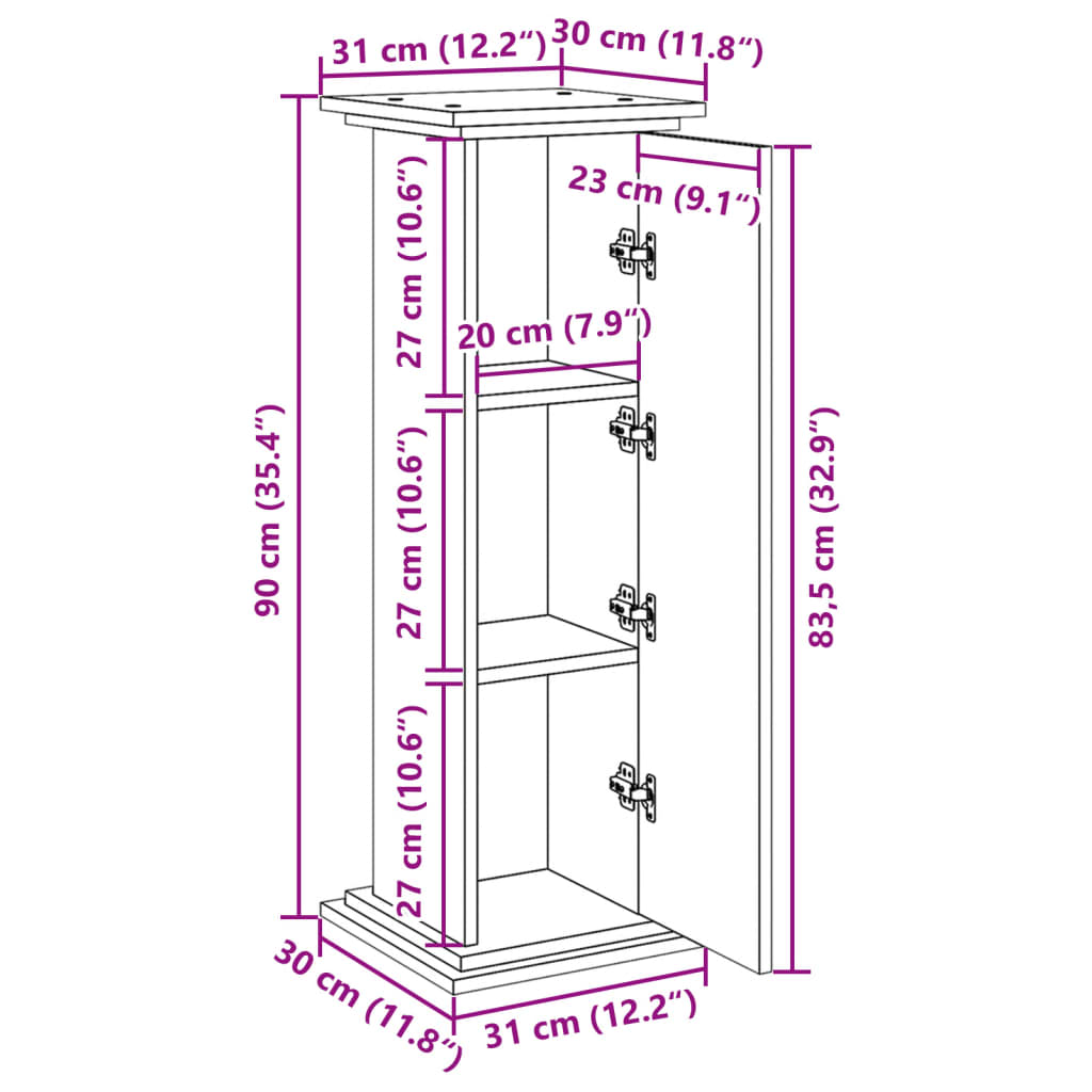 Pidestall med oppbevaring gammelt tre 31x30x90cm konstruert tre