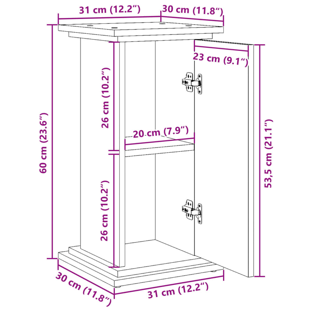 Pidestall med oppbevaring brun eik 31x30x60 cm konstruert tre