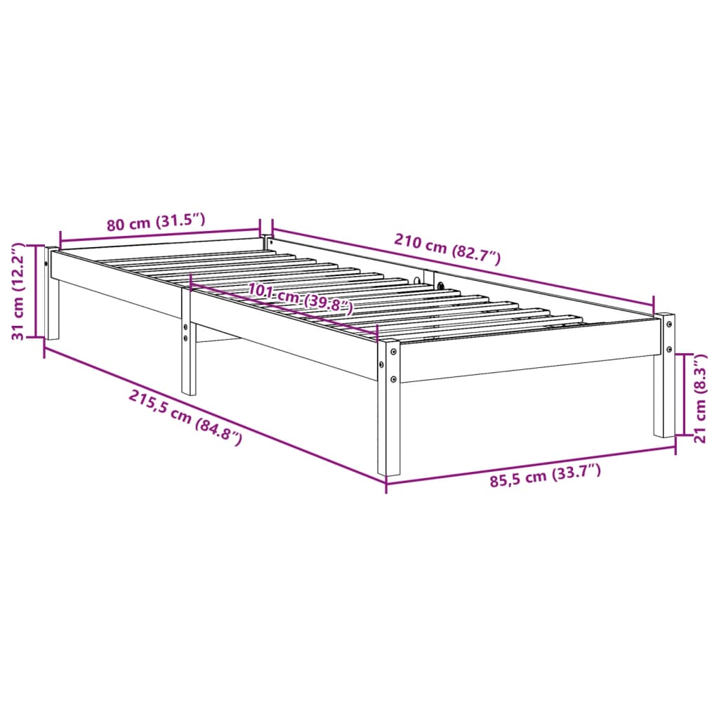 Ekstra lang sengeramme uten madrass 80x210 cm heltre furu