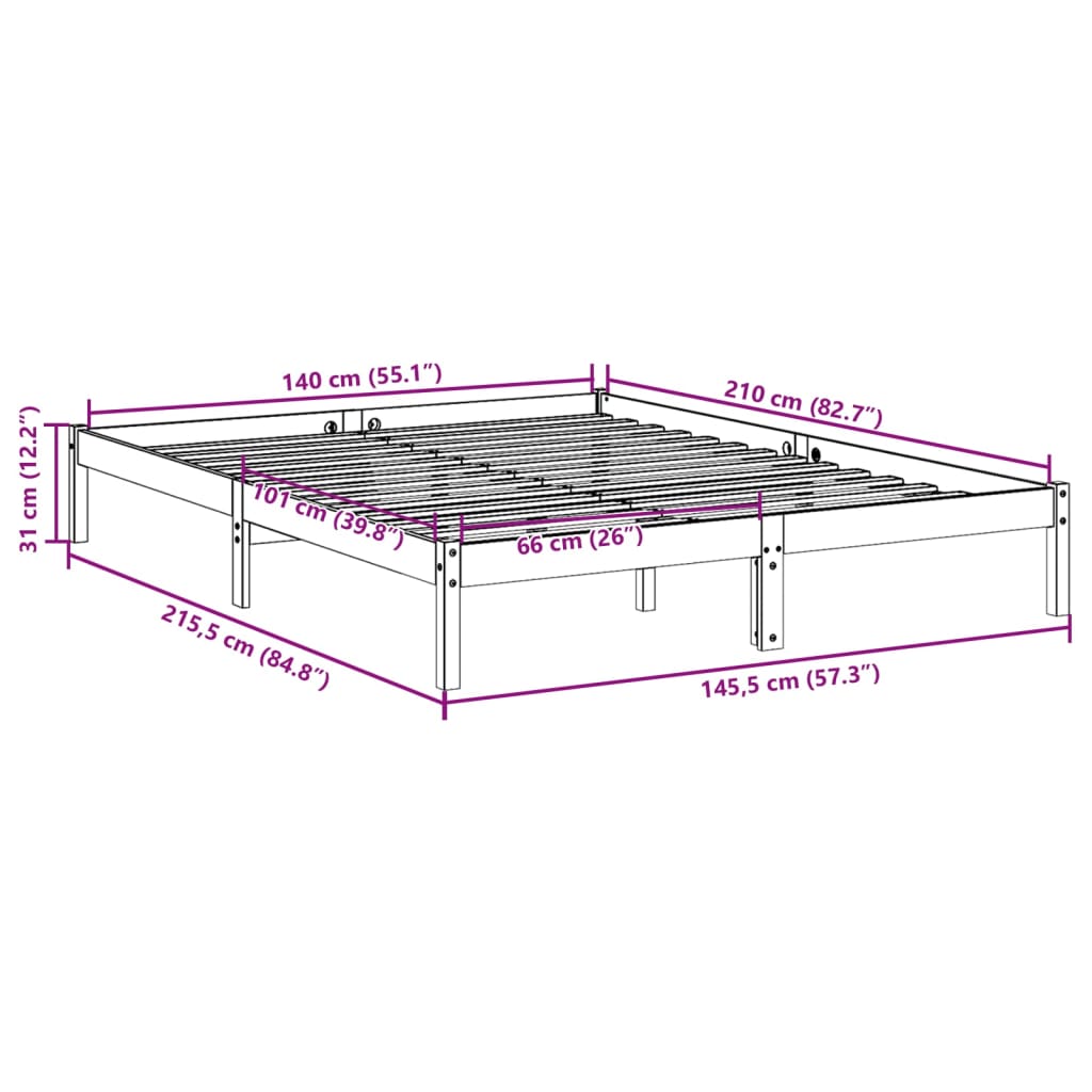 Ekstra lang sengeramme uten madrass hvit 140x210 cm heltre furu