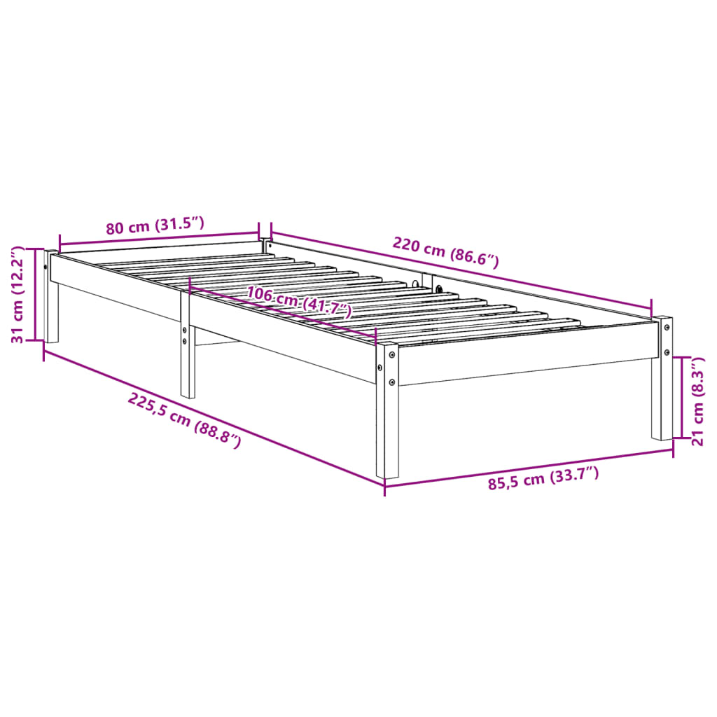 Ekstra lang sengeramme uten madrass 80x220 cm heltre furu