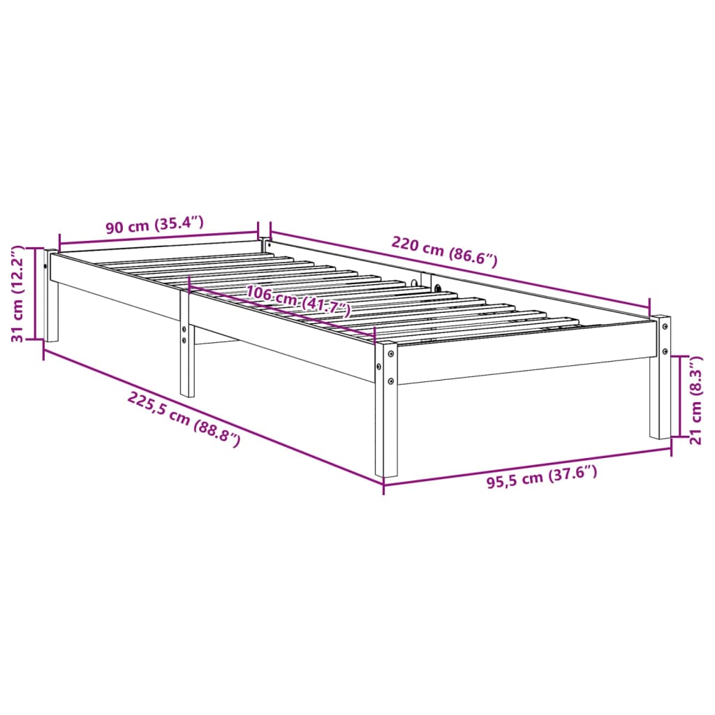 Ekstra lang sengeramme uten madrass hvit 90x220 cm heltre furu