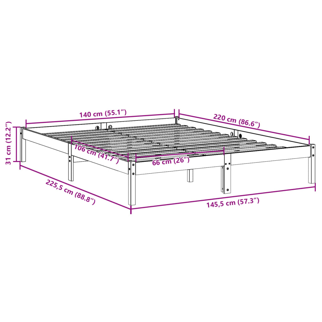 Ekstra lang sengeramme uten madrass 140x220 cm heltre furu