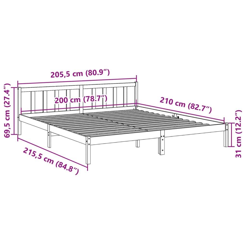 Ekstra lang sengeramme uten madrass hvit 200x210 cm heltre furu