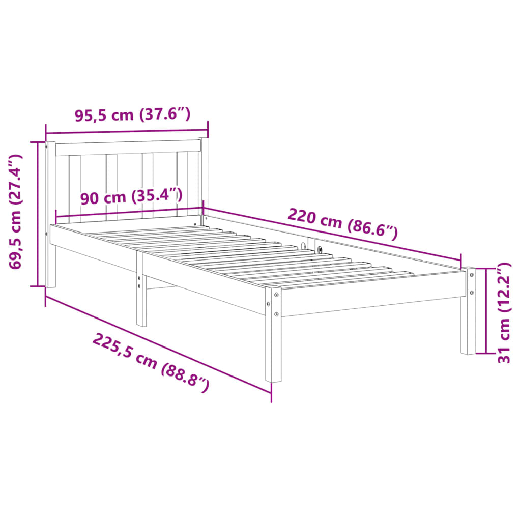 Ekstra lang sengeramme uten madrass hvit 90x220 cm heltre furu