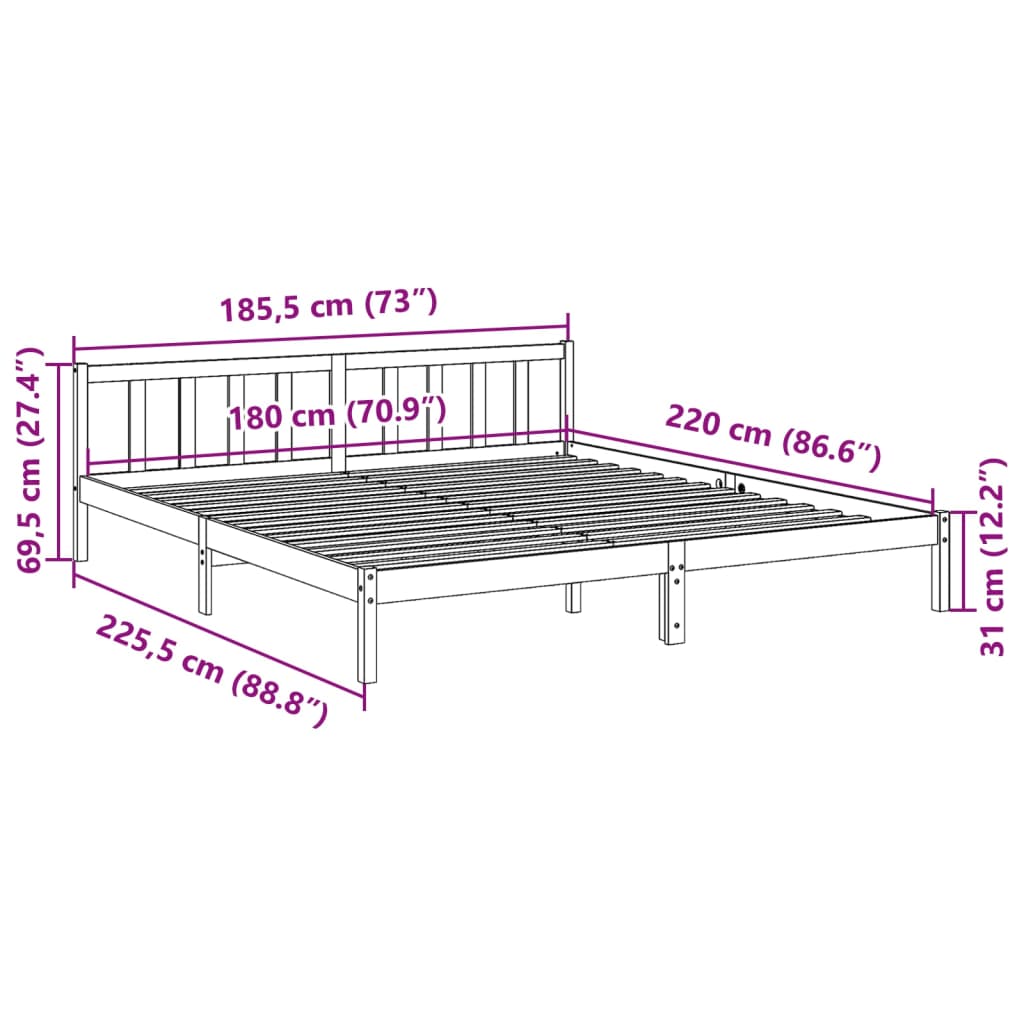 Ekstra lang sengeramme uten madrass hvit 180x220 cm heltre furu