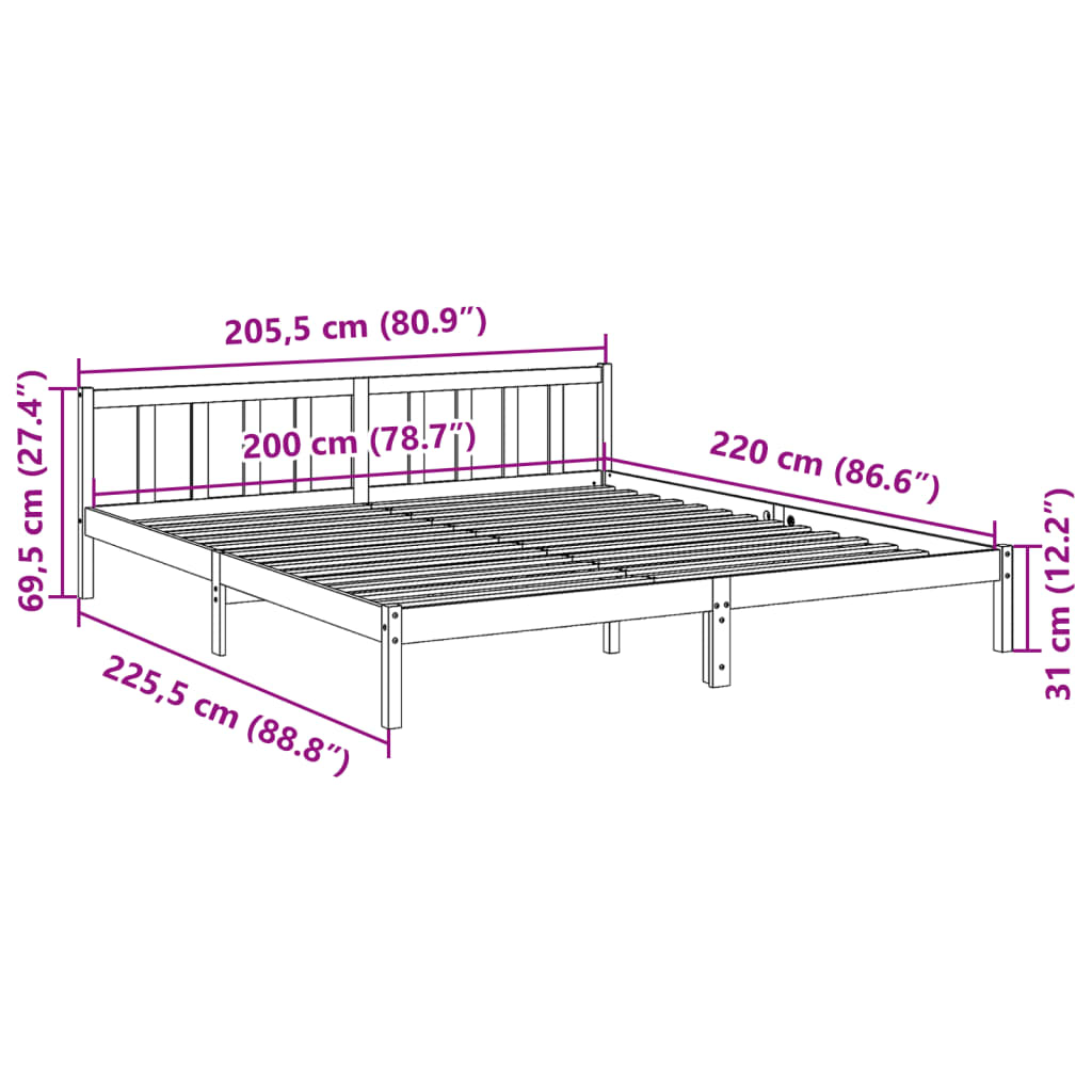 Ekstra lang sengeramme uten madrass hvit 200x220 cm heltre furu