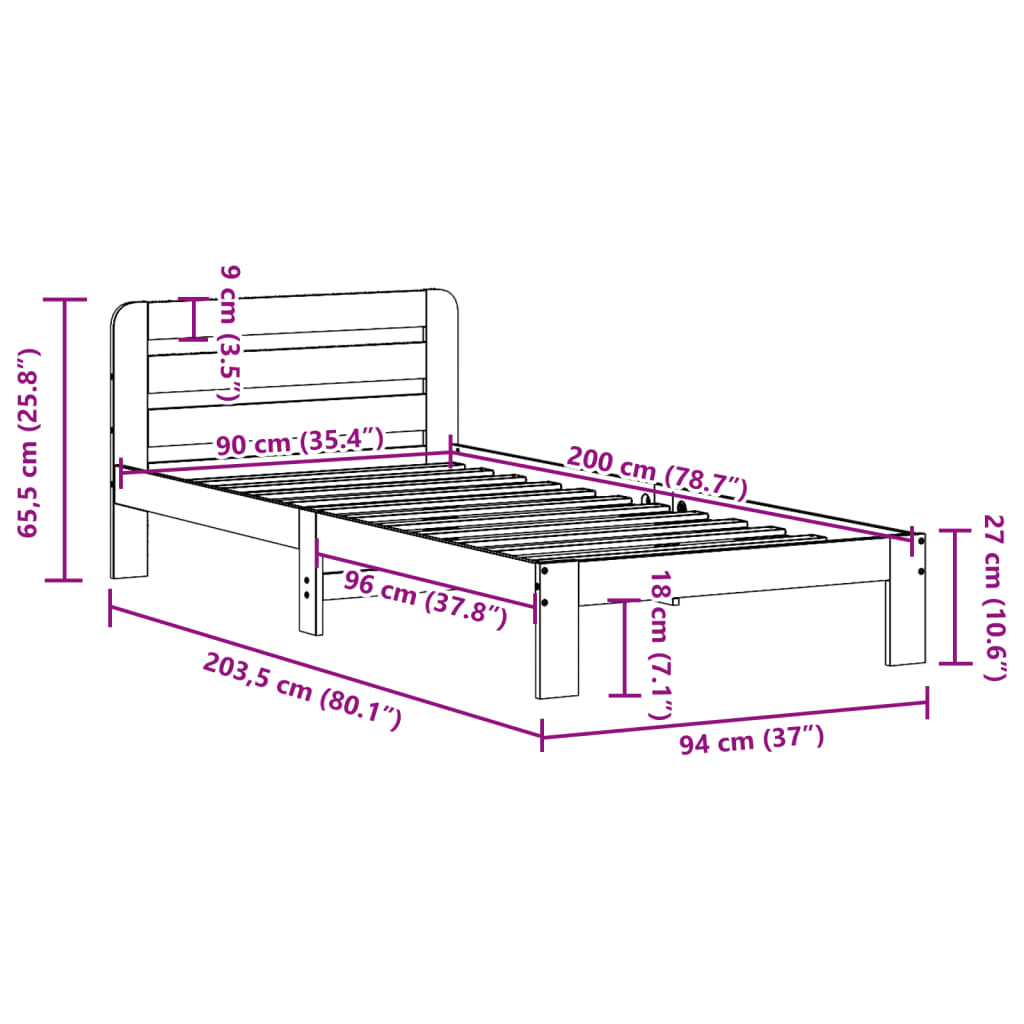 Sengeramme uten madrass 90x200 cm heltre furu