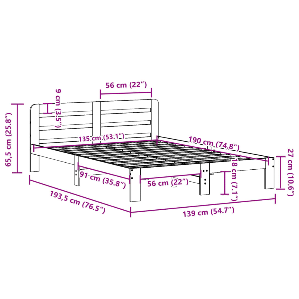 Sengeramme uten madrass hvit 135x190 cm heltre furu