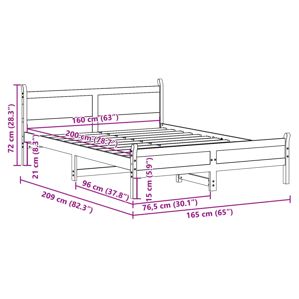 Sengeramme uten madrass voksbrun 160x200 cm heltre furu