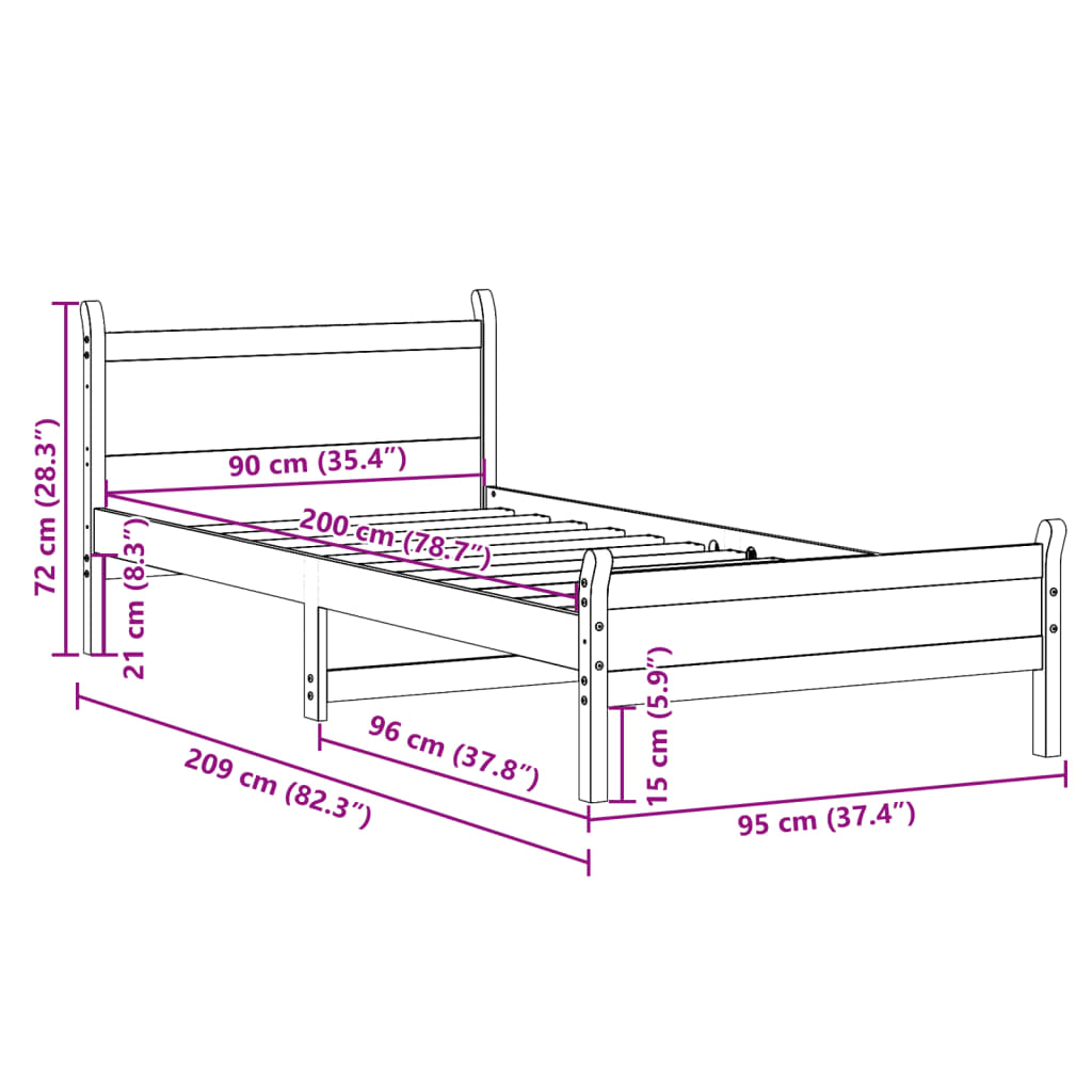 Sengeramme uten madrass 90x200 cm heltre furu
