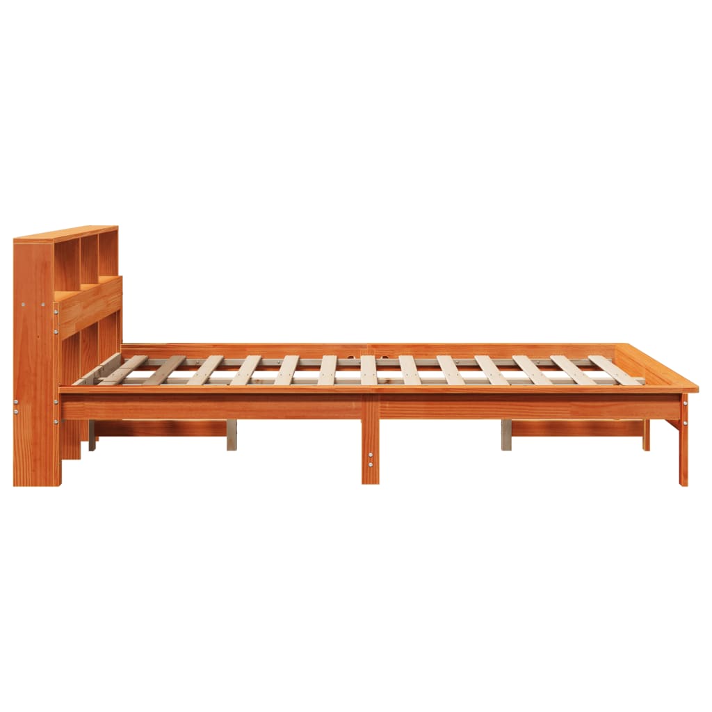 Seng med bokhylle uten madrass voksbrun 120x200 cm heltre furu