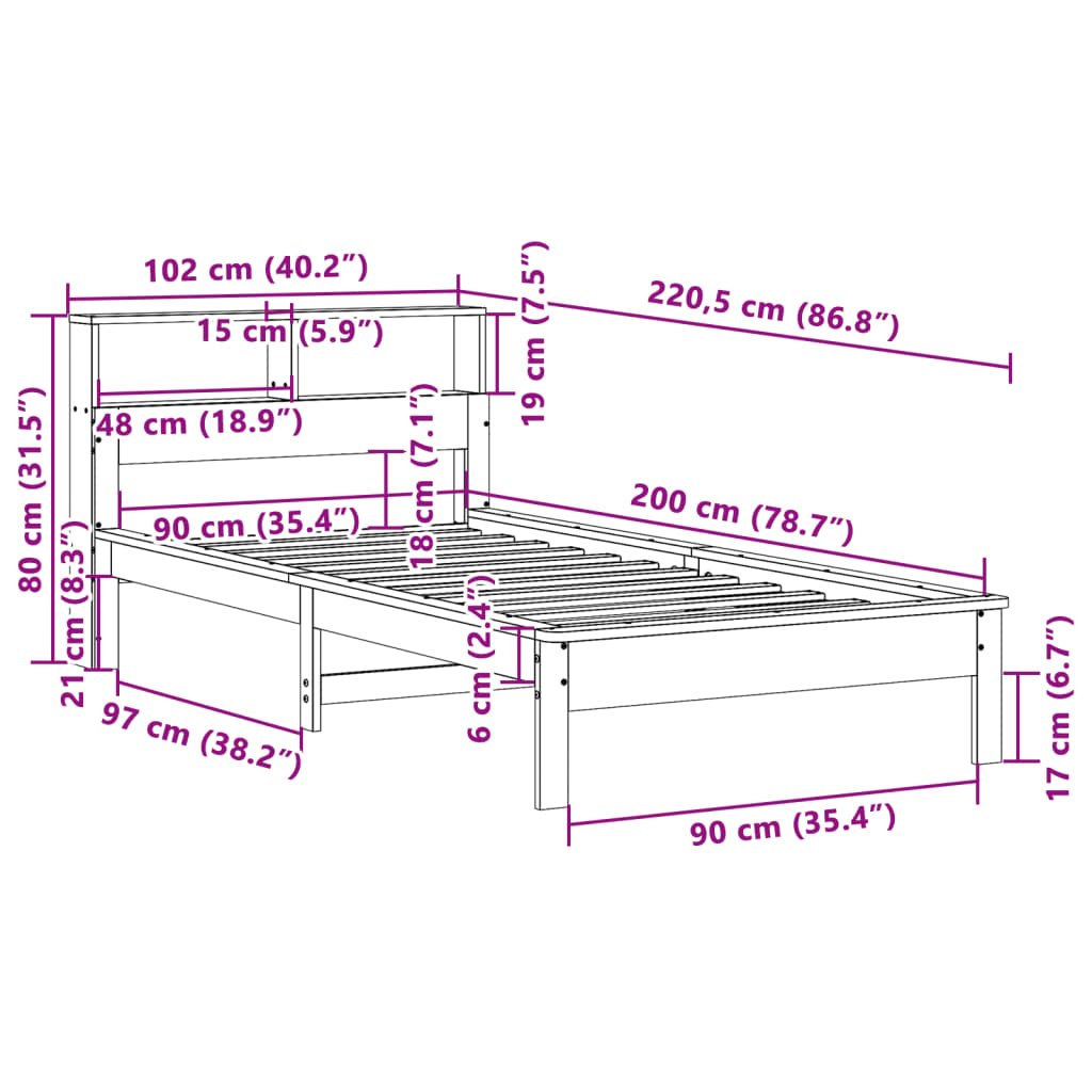 Seng med bokhylle uten madrass hvit 90x200 cm heltre furu