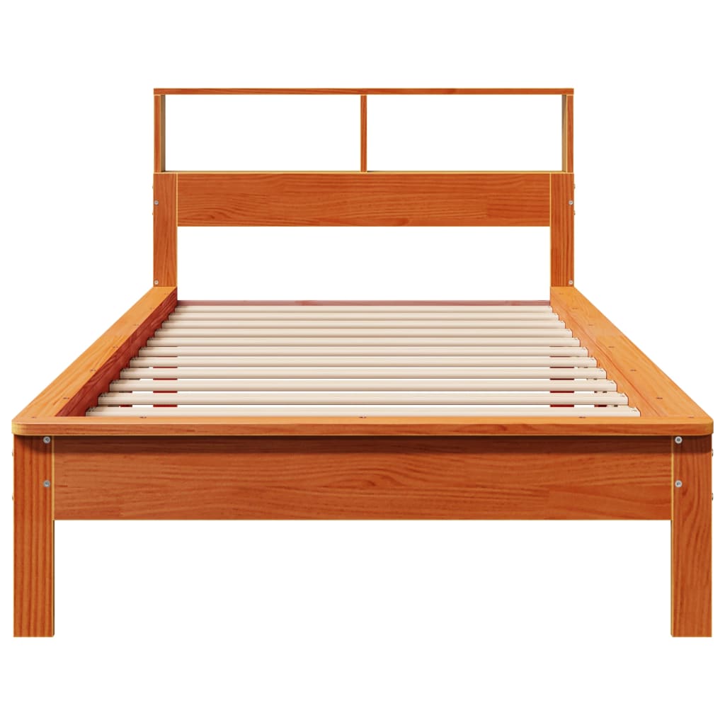 Seng med bokhylle uten madrass voksbrun 90x200 cm heltre furu