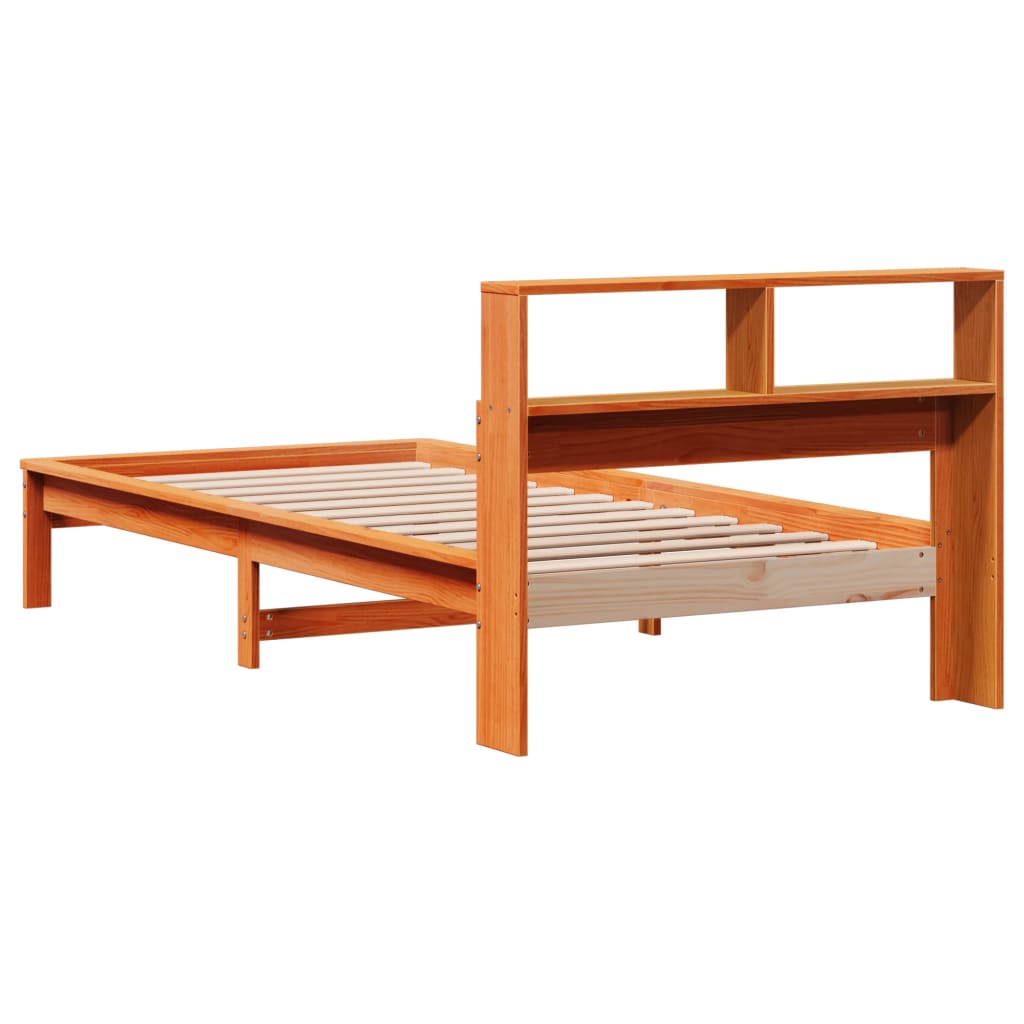 Seng med bokhylle uten madrass voksbrun 90x200 cm heltre furu