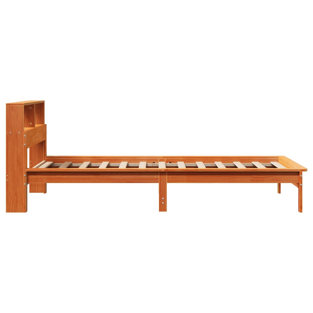 Seng med bokhylle uten madrass voksbrun 90x190 cm heltre furu