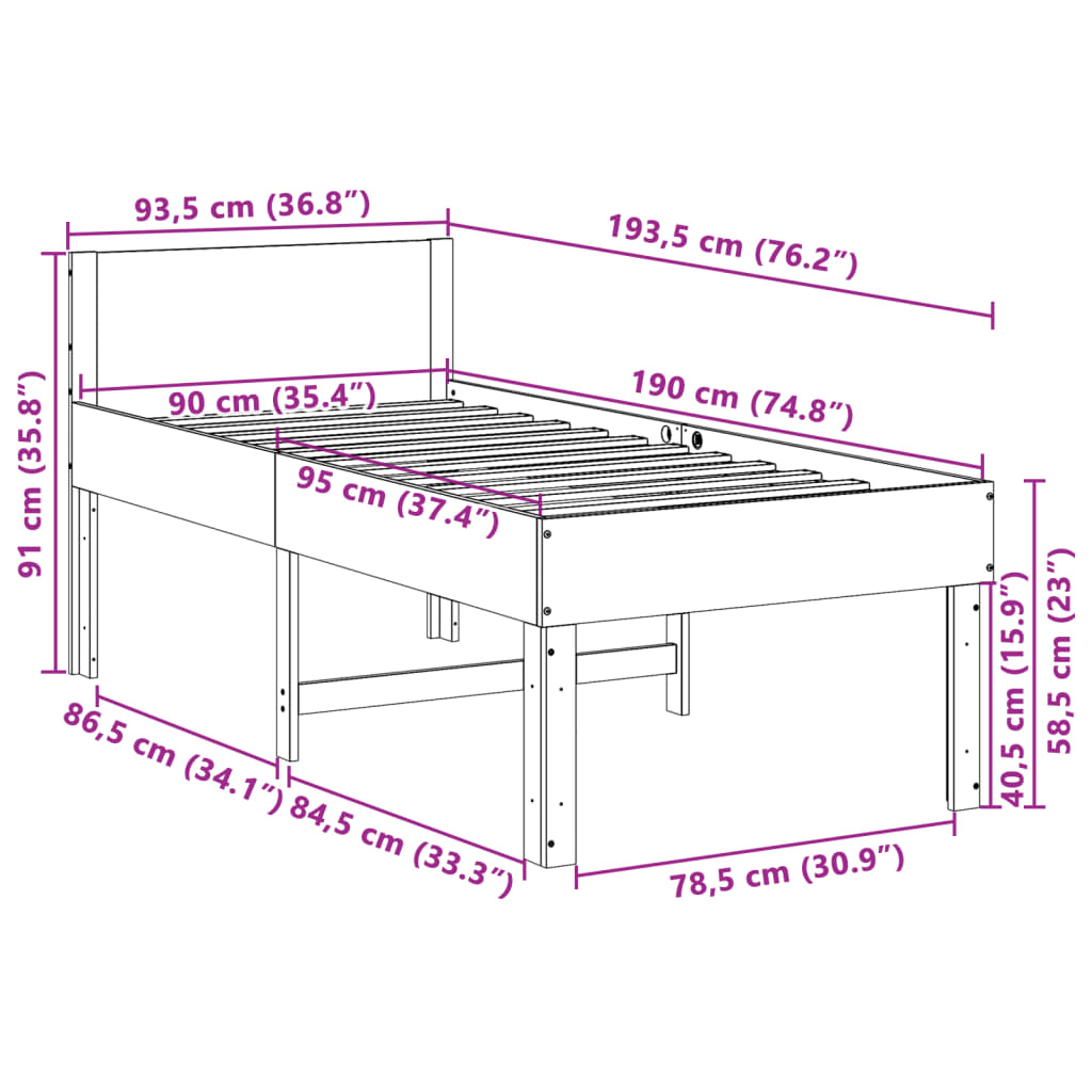 Sengeramme uten madrass hvit 90x190 cm heltre furu