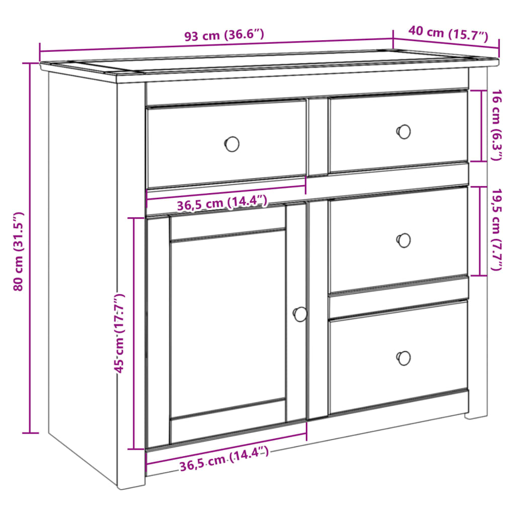 Skjenk med skuffer PANAMA 93x40x80 cm heltre furu