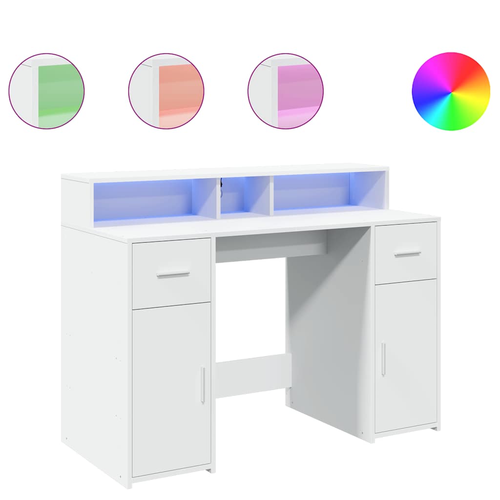 Skrivebord med LED-lys hvit 120x55x91 cm konstruert tre