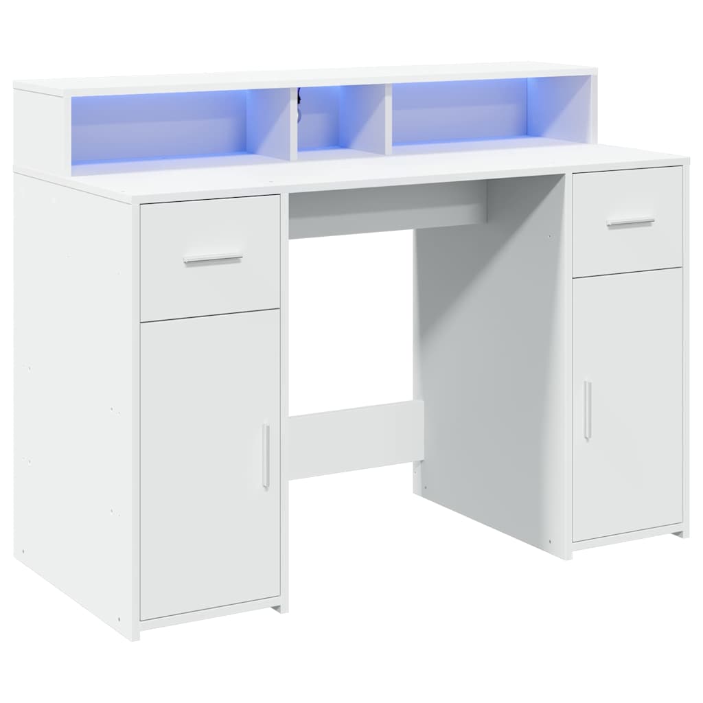 Skrivebord med LED-lys hvit 120x55x91 cm konstruert tre
