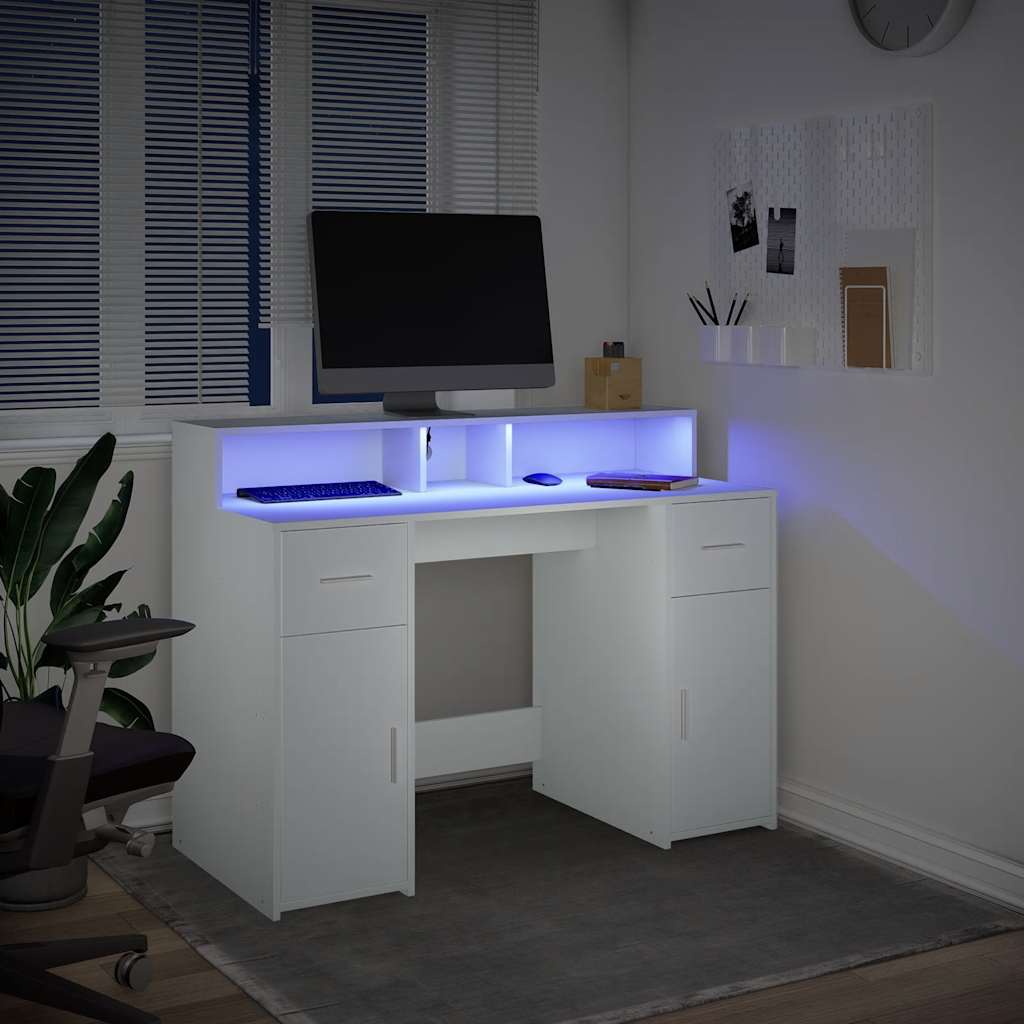 Skrivebord med LED-lys hvit 120x55x91 cm konstruert tre