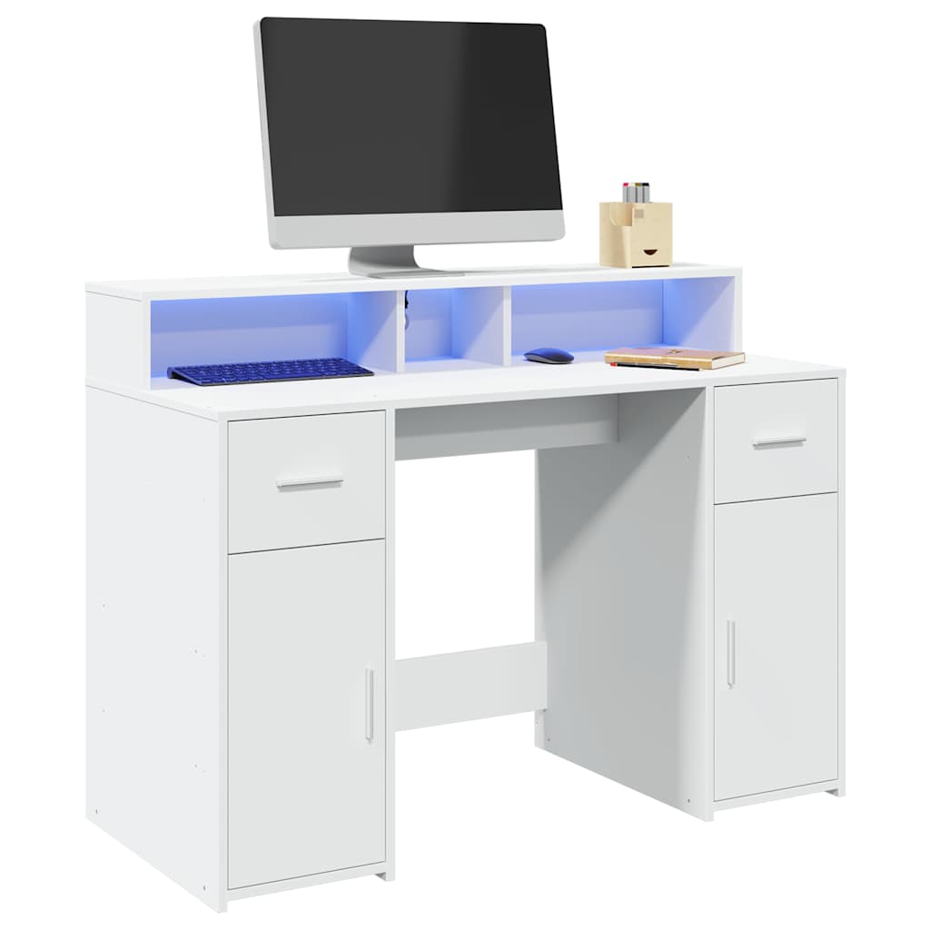 Skrivebord med LED-lys hvit 120x55x91 cm konstruert tre