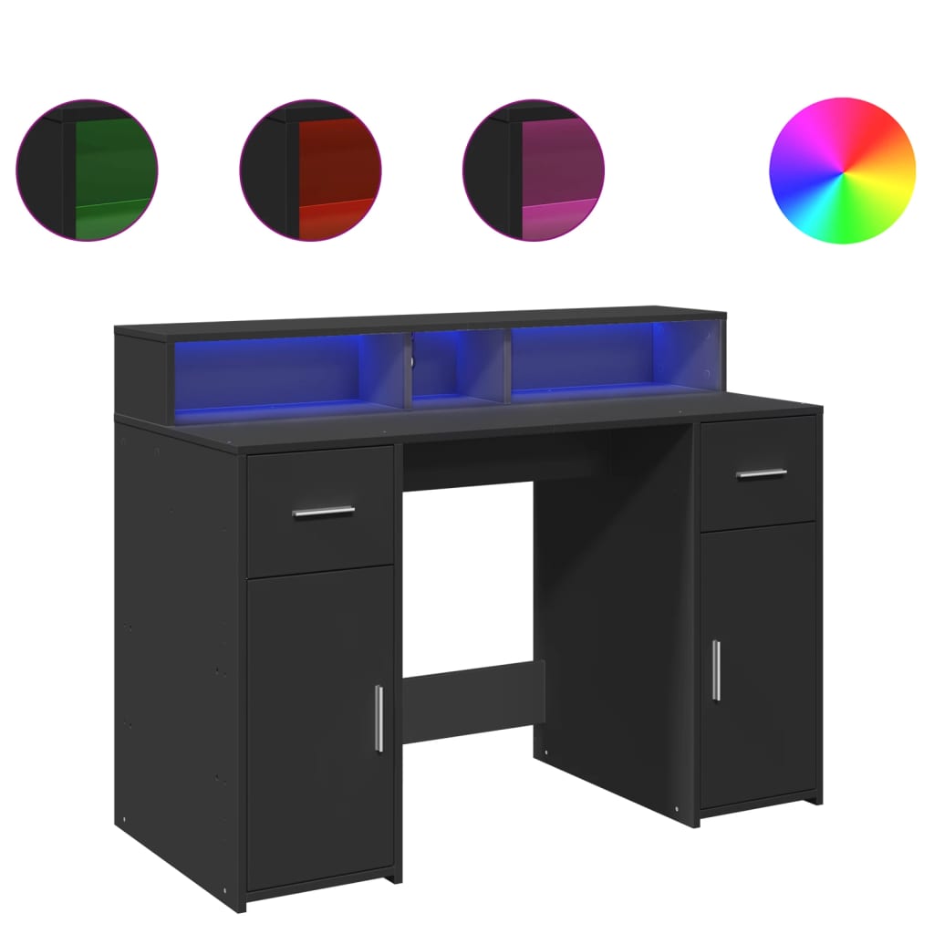 Skrivebord med LED-lys svart 120x55x91 cm konstruert tre
