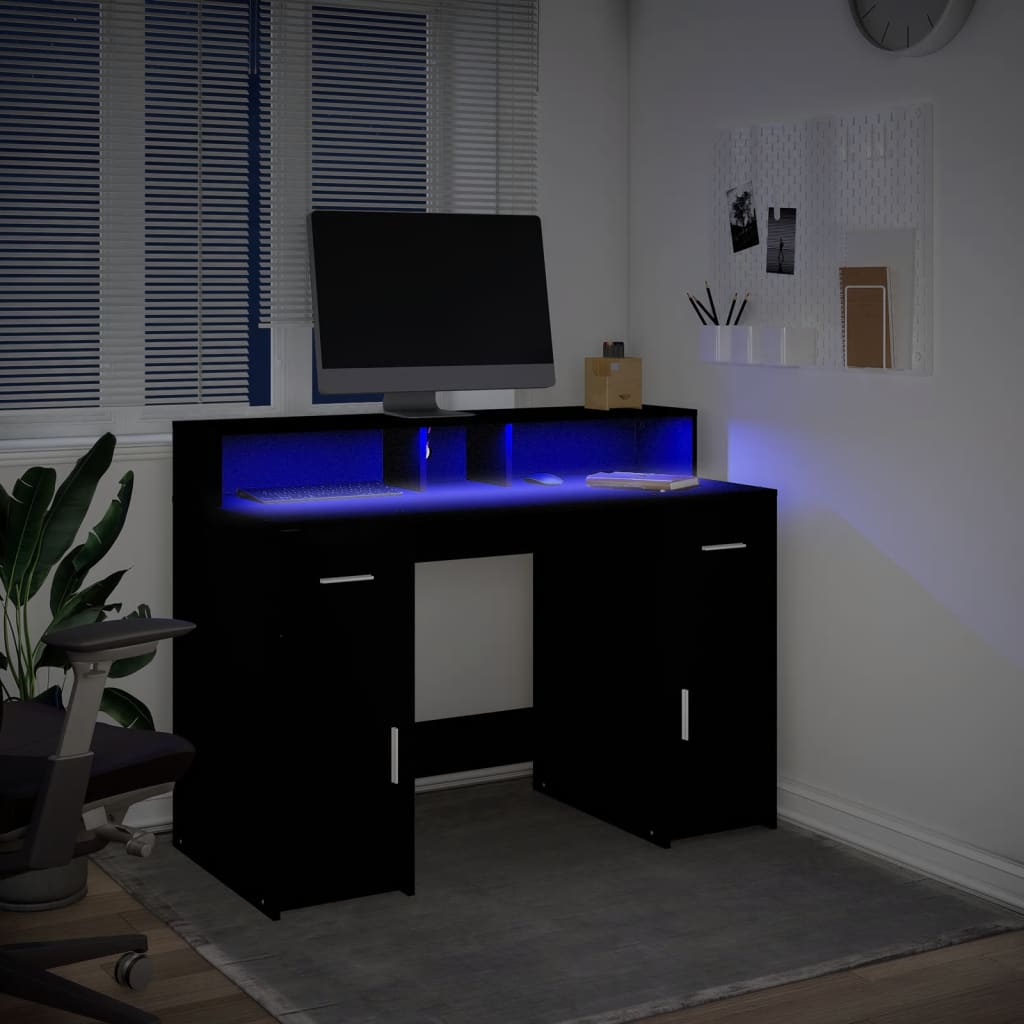 Skrivebord med LED-lys svart 120x55x91 cm konstruert tre