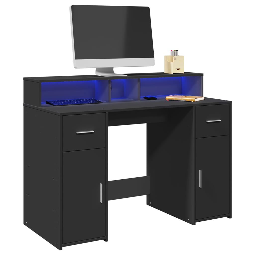 Skrivebord med LED-lys svart 120x55x91 cm konstruert tre