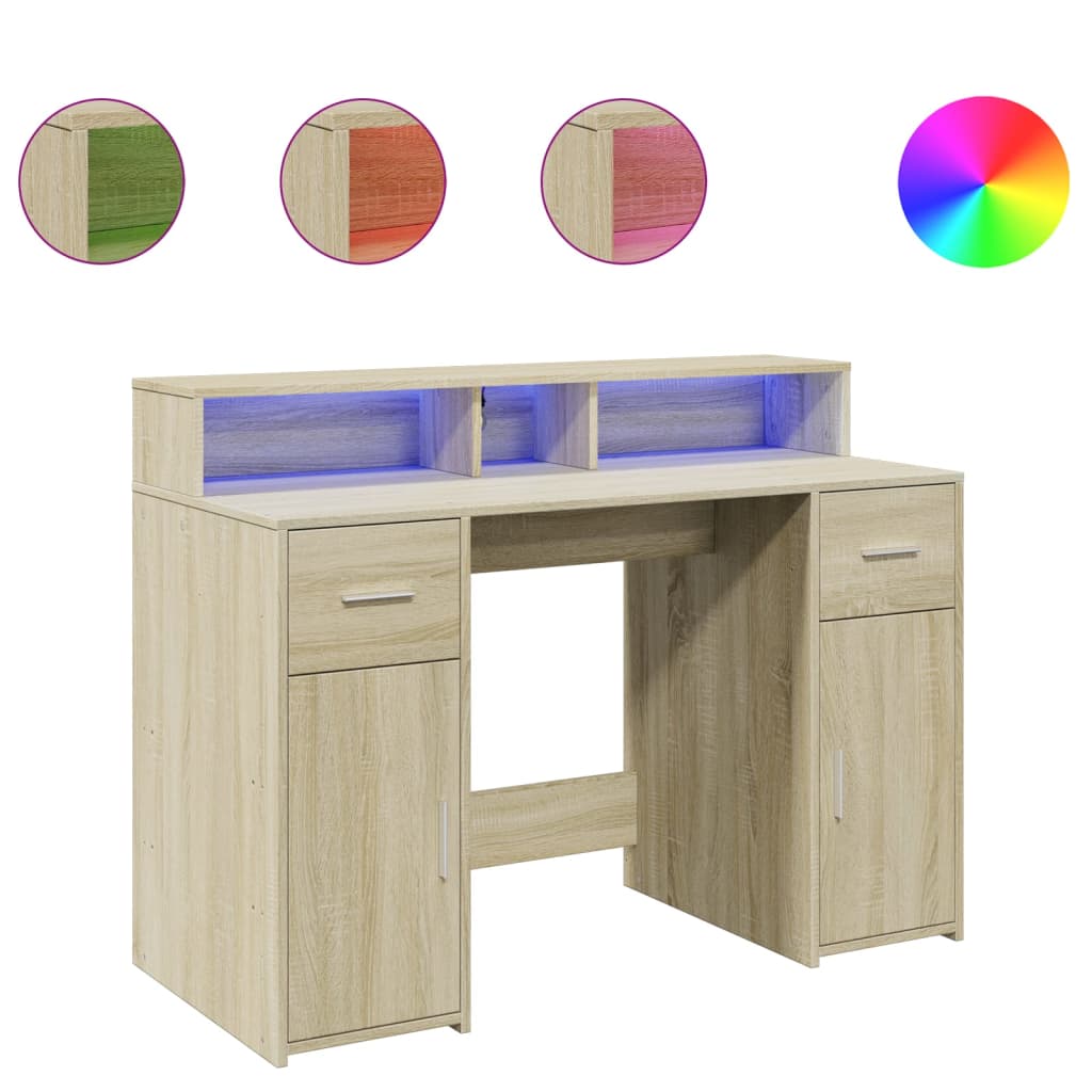 Skrivebord med LED-lys sonoma eik 120x55x91 cm konstruert tre