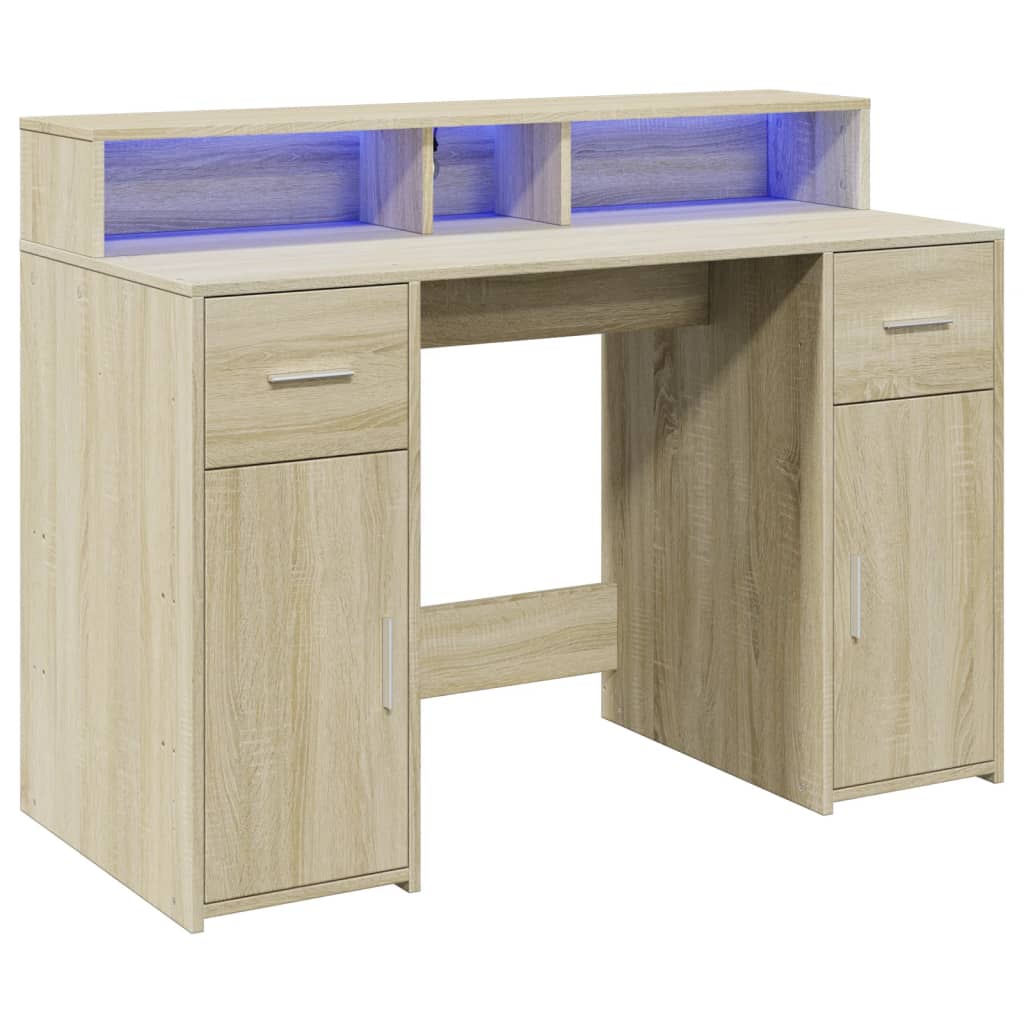 Skrivebord med LED-lys sonoma eik 120x55x91 cm konstruert tre
